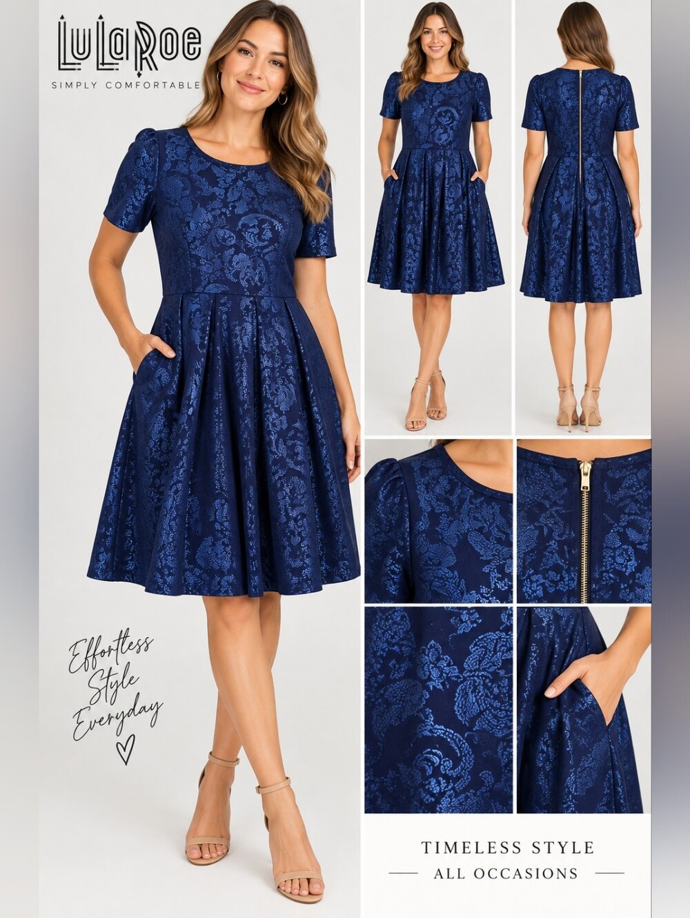 LuLaRoe XL Navy Blue Metallic Floral Jacquard Fit & Flare Dress Pockets